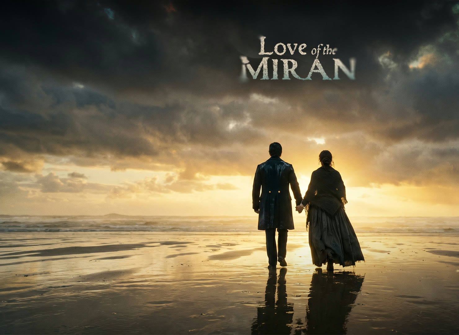 Evie and YiUn walking the shoreline at golden hour, beneath the Love of the Miran title