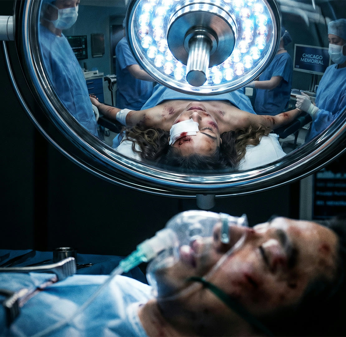 A hospital operating theatre seen from below the surgical lamp — the night everything changed