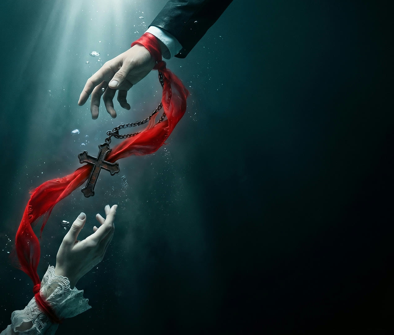 Two hands reaching across dark water, joined by a black iron cross and a ribbon of red